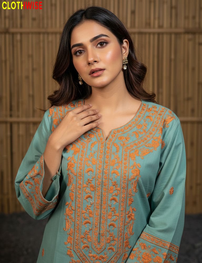 Woman wearing a Light Green embroidered outfit with a wooden panel background