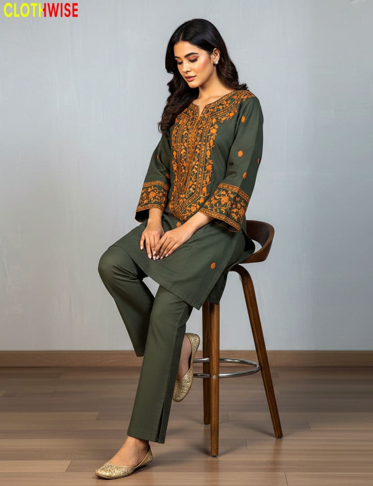 Woman sitting on a stool wearing an olive green outfit with intricate patterns, branded 'Clothinwise'.
