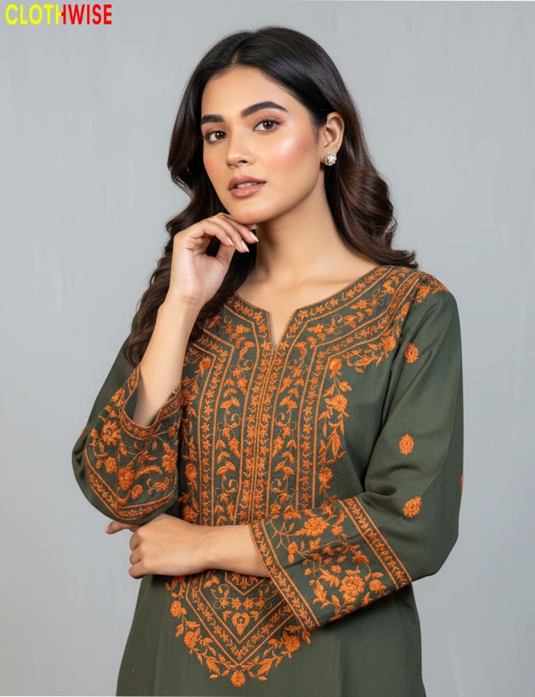 Woman wearing a olive and orange embroidered traditional outfit on a gray background with 'ClothWise' branding.
