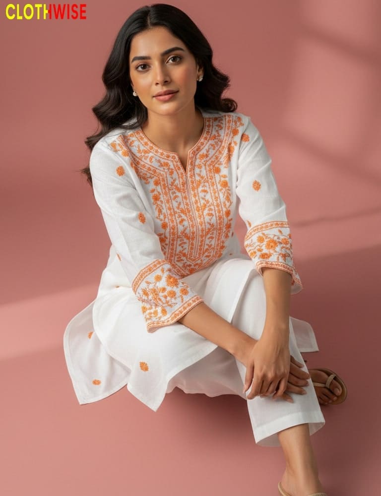 Woman wearing a white and orange embroidered traditional outfit on a pink background with 'Clothwise' branding.