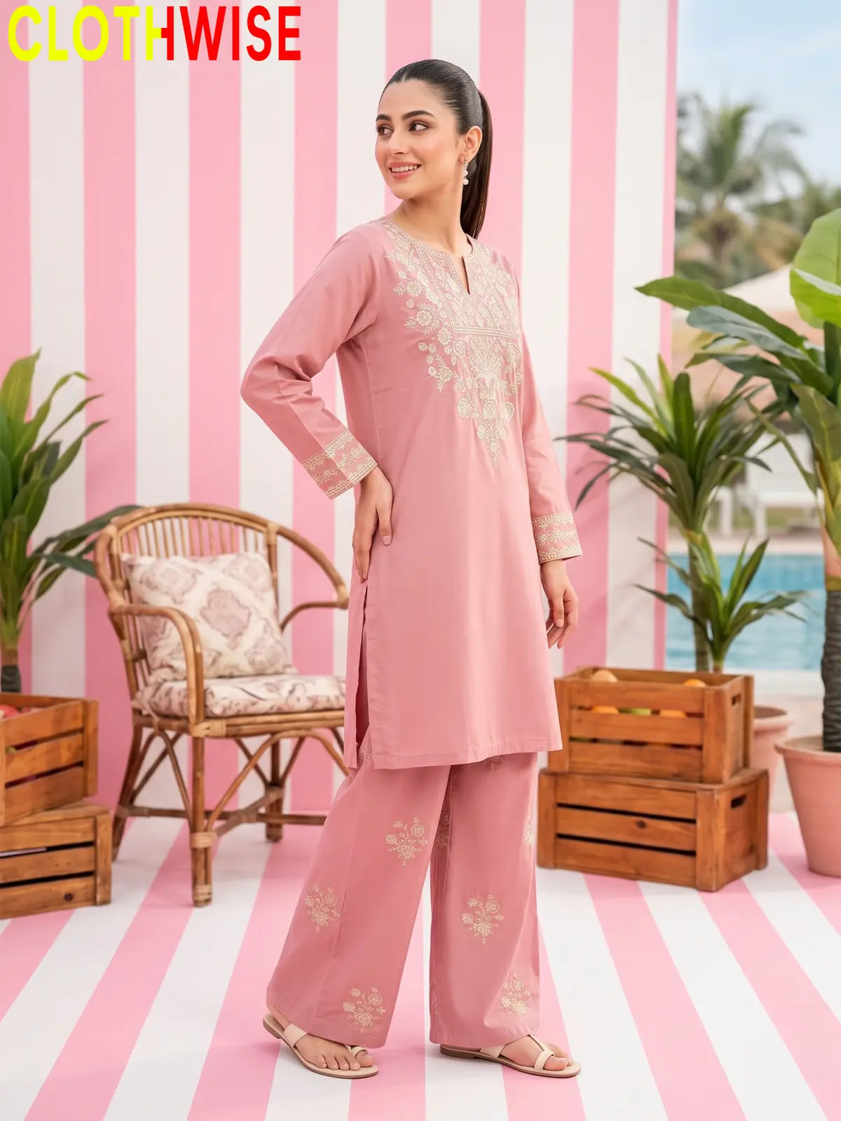 Ebony – Embroidered Cotton Kurta with Embroidered Wide-Leg Palazzo | 2Pc Suit