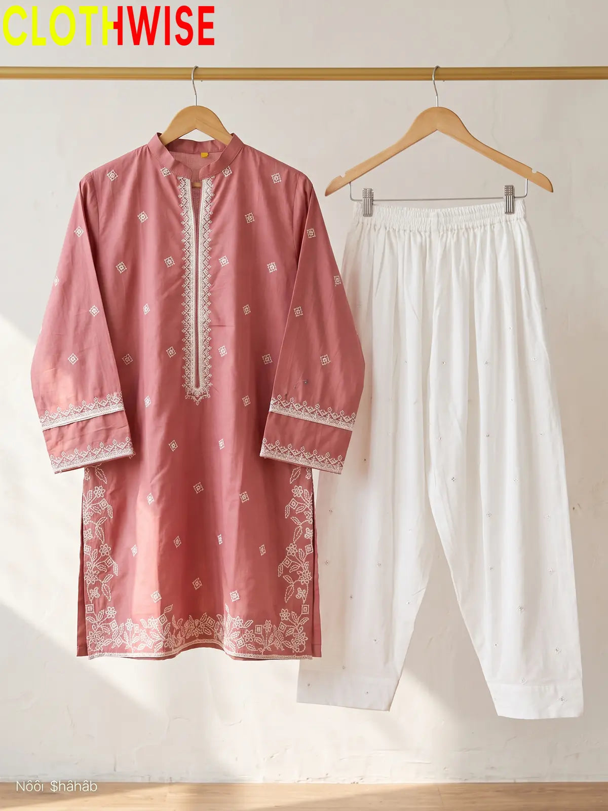 Lazawal – 2 Pcs Cotton Sequin Embroidered Kurti with White Farshi Shalwar