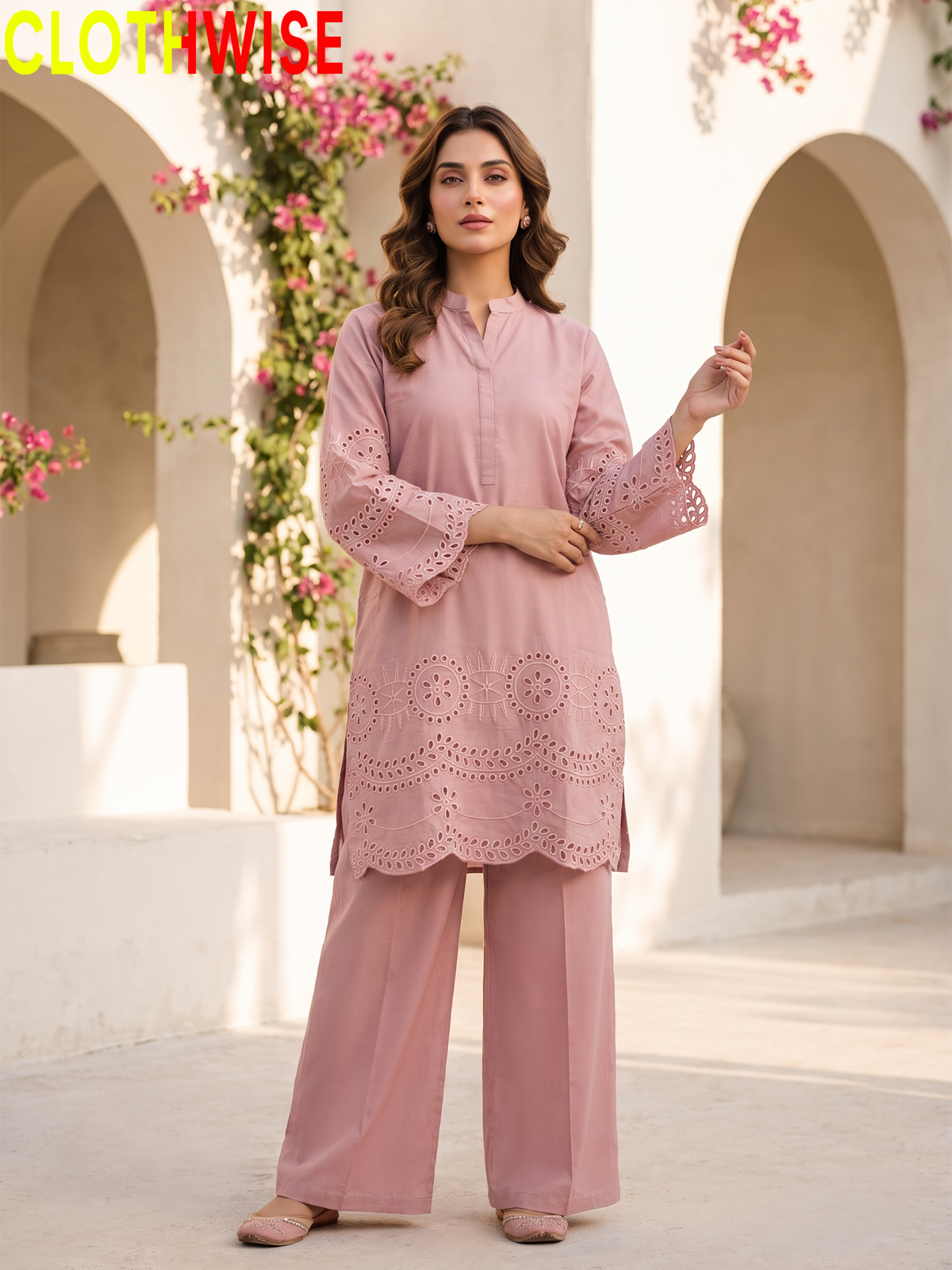 CottonCut Schiffli Embroidered Cotton 2-Piece Suit | Eyelet Kurta with Flapper