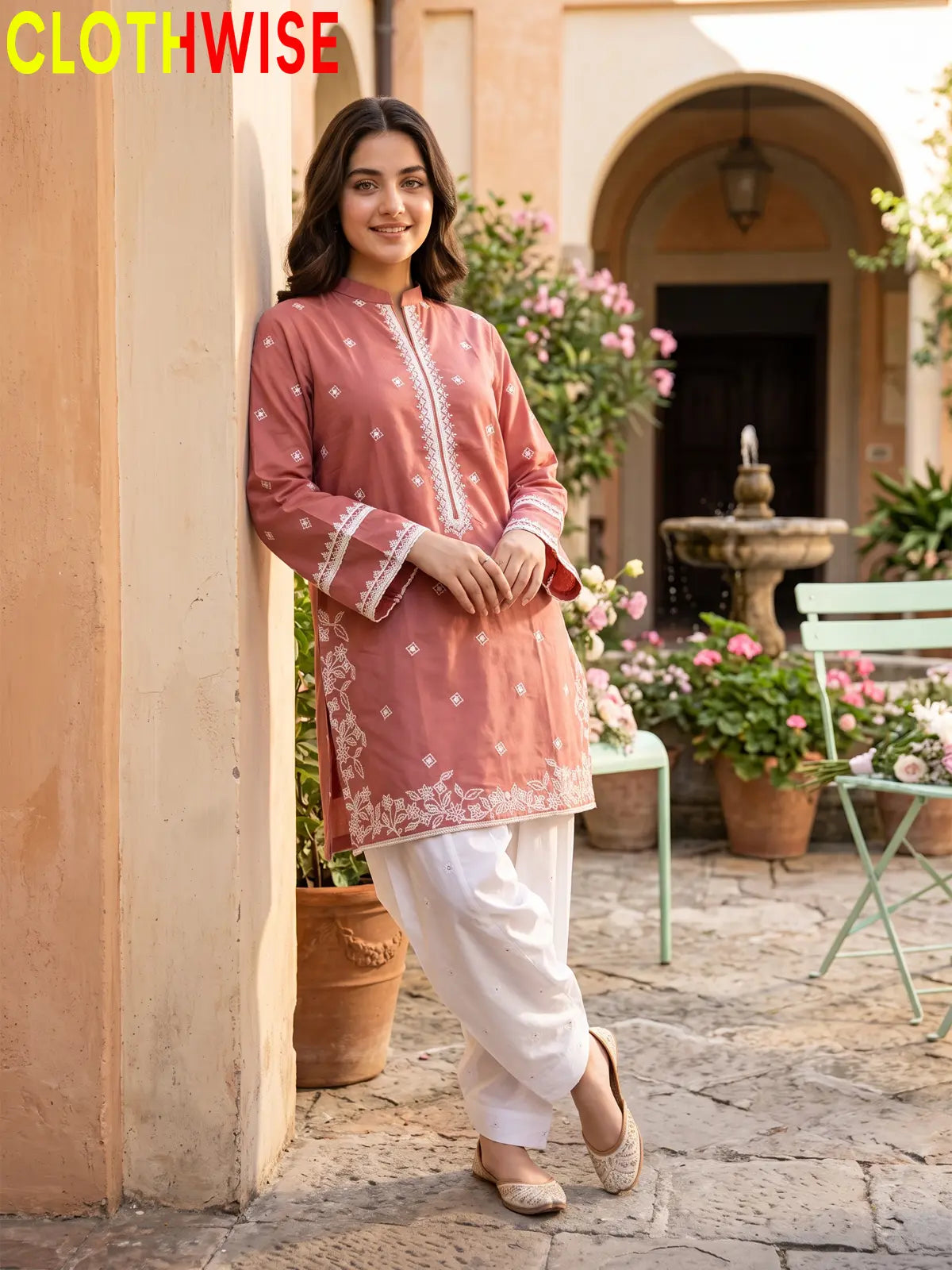 Lazawal – 2 Pcs Cotton Sequin Embroidered Kurti with White Farshi Shalwar