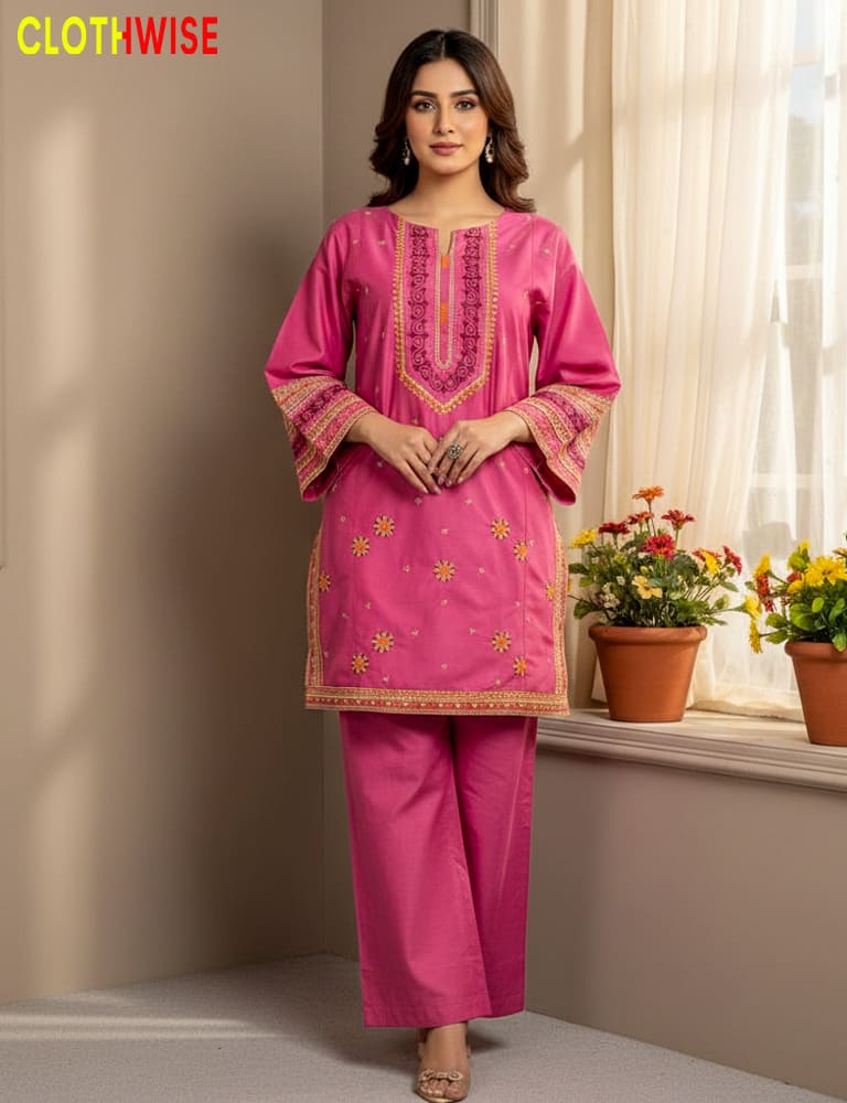 Woman wearing a pink embroidered traditional outfit with 'ClothWise' branding, standing in a room with flowers on a windowsill.