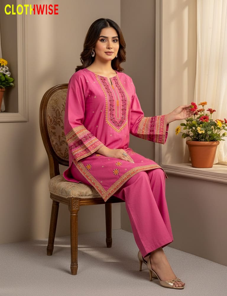 Woman in a pink traditional outfit sitting on a chair with a neutral background