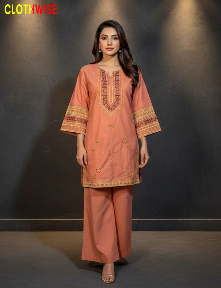 Woman wearing a peach embroidered outfit with a dark background, branded 'Clothwise'.