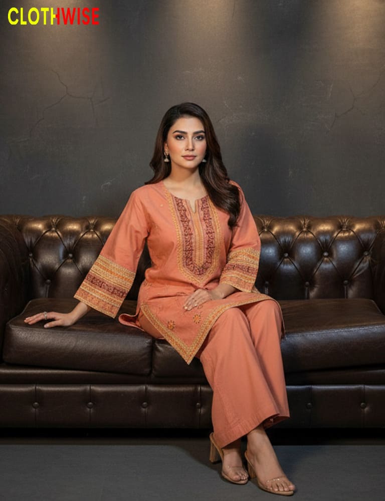Woman in peach embroidered outfit sitting on a brown leather couch with 'Clothwise' branding.