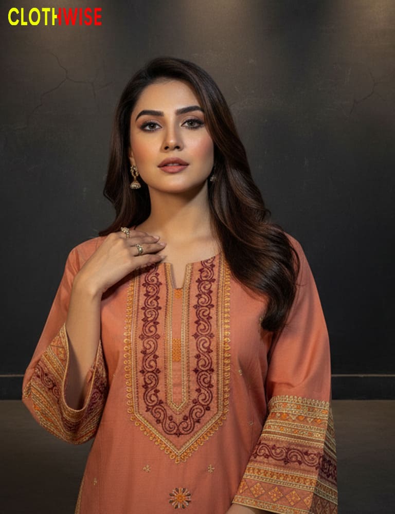 Woman wearing a peach-colored embroidered dress with a dark background, featuring the brand 'Clothwise'.