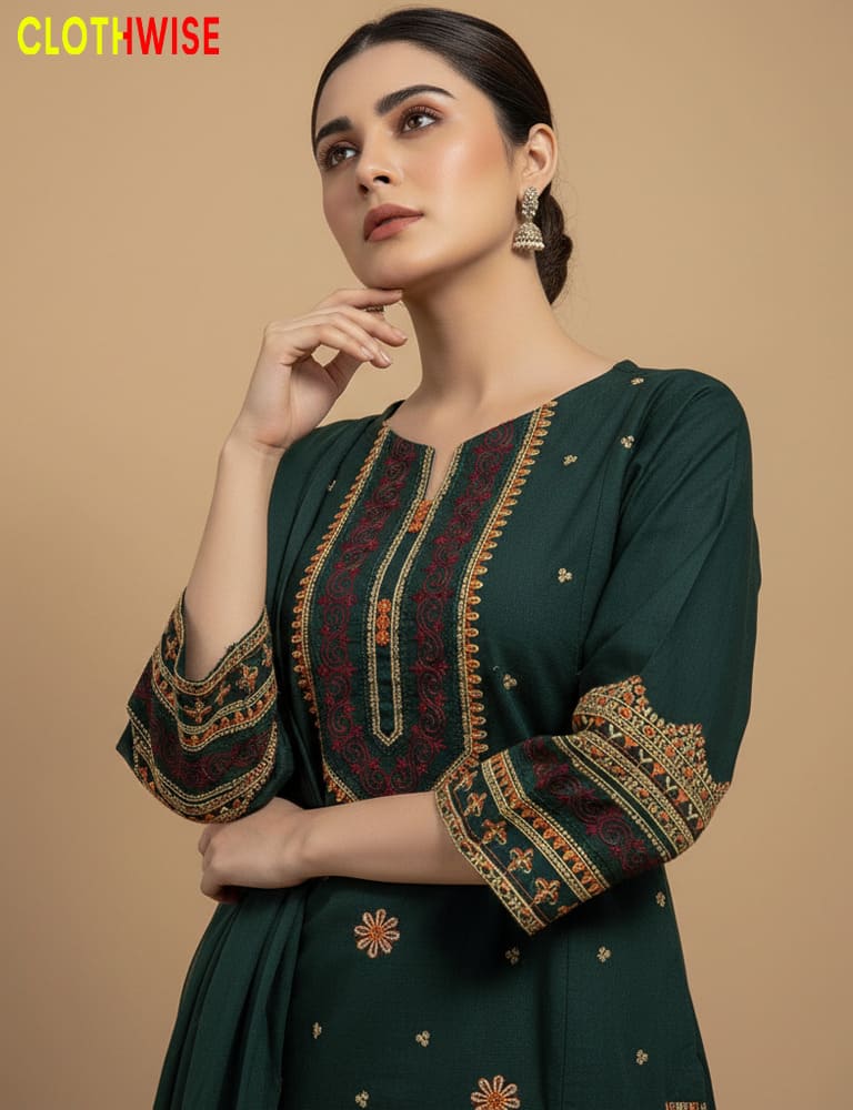 Woman wearing a green embroidered dress with a beige background, featuring the 'ClothWise' brand.