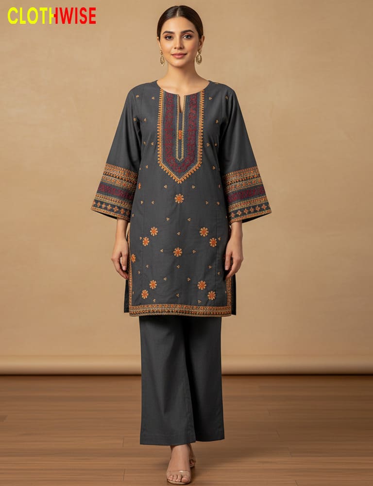 Woman wearing a dark gray embroidered kurta with wide-leg pants on a beige background, with 'Clothwise' branding.