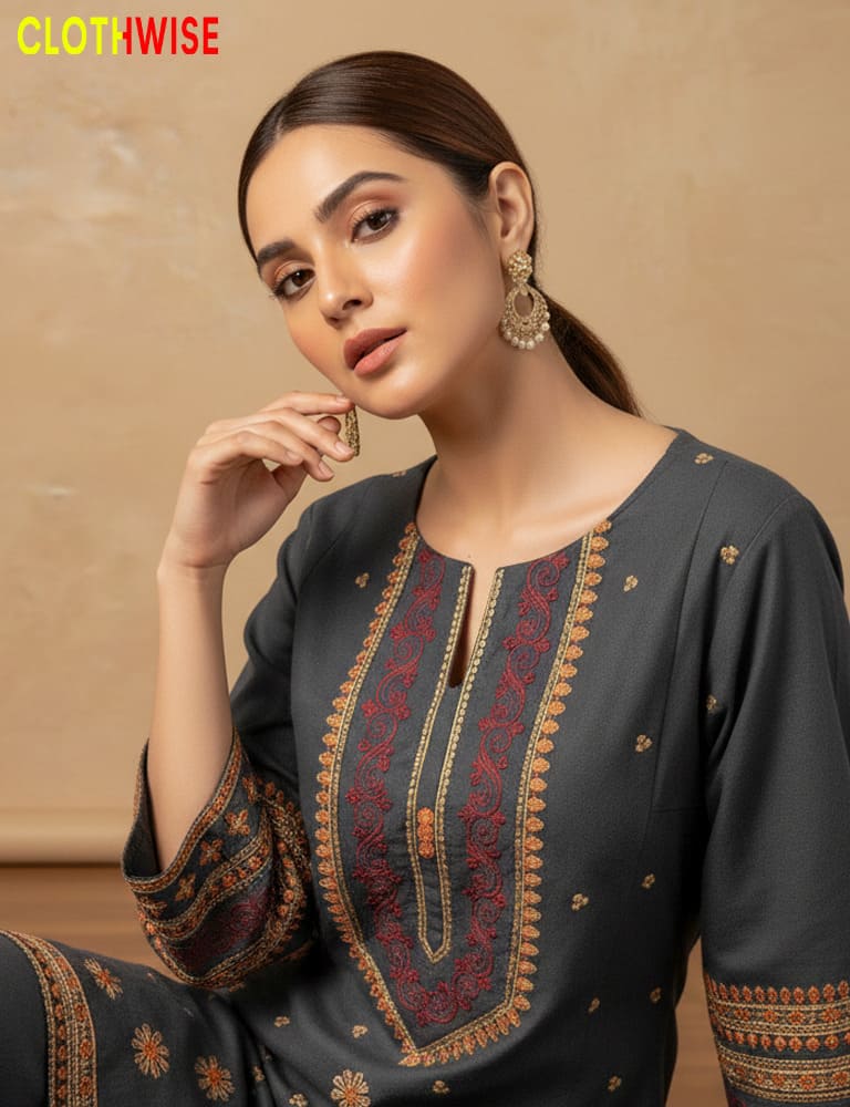 Woman wearing a dark gray traditional outfit with intricate embroidery, posing against a beige background. Brand 'Clothwise' visible.