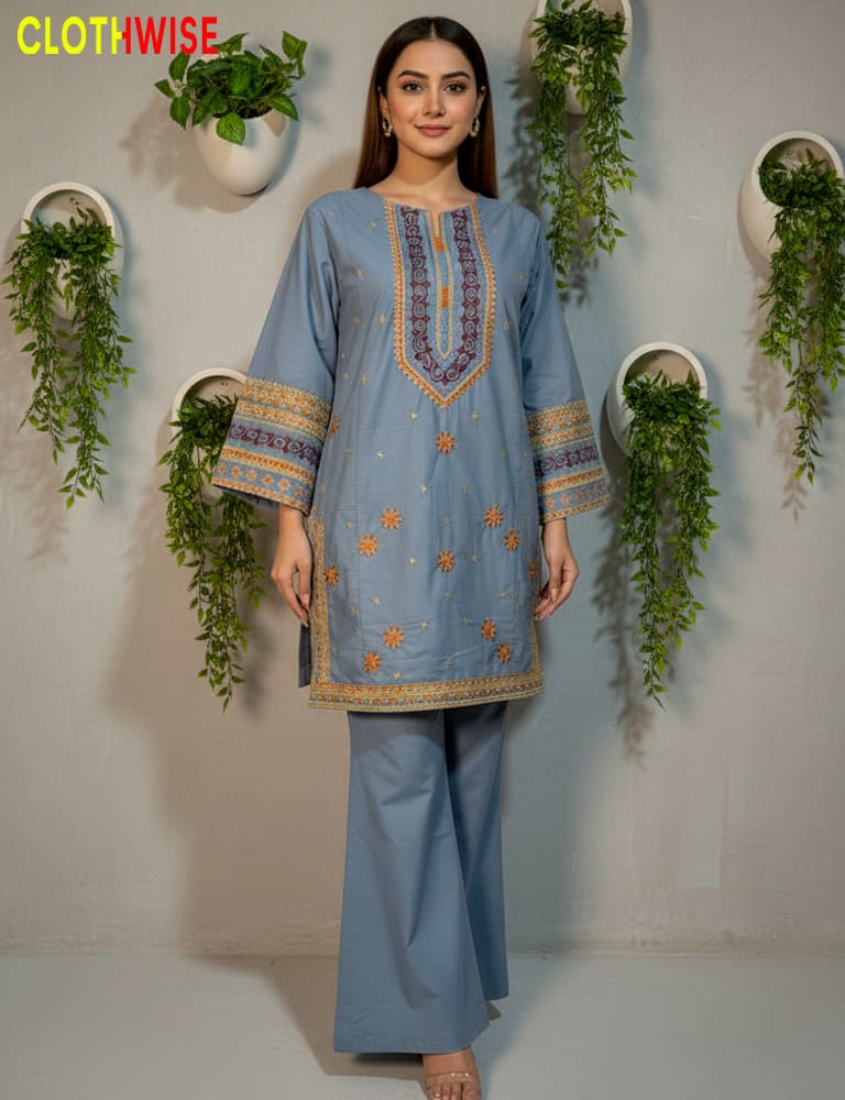 Woman wearing a blue embroidered outfit with green plants in the background, branded 'CLOTHWISE'.