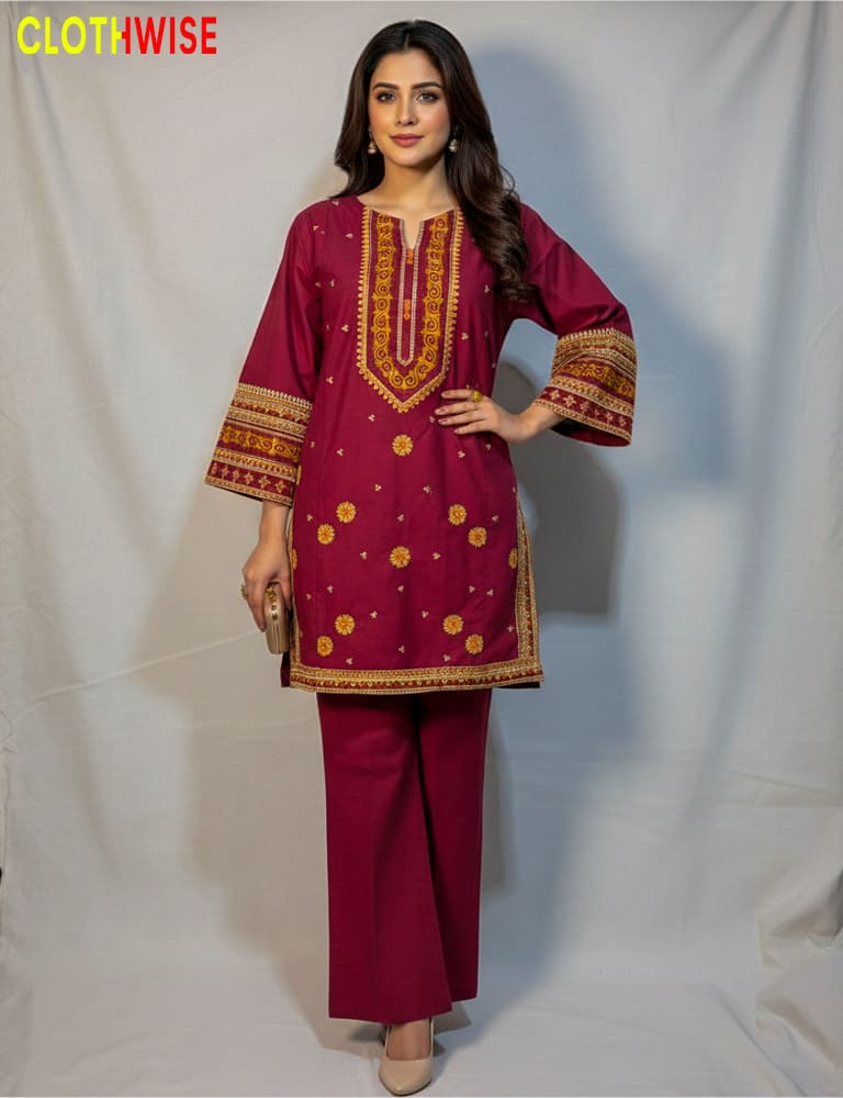 Woman wearing a maroon embroidered outfit with bell sleeves on a white background, branded 'ClothWise'.