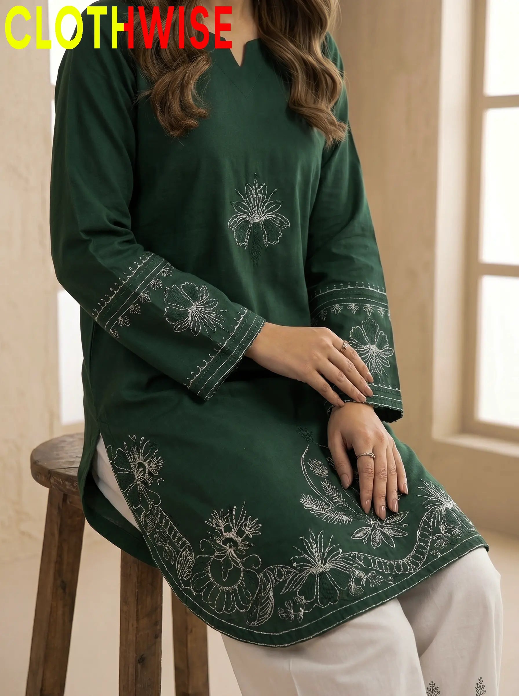 Petal Green Cotton Stitched 2-Piece Suit Closeup Detail – Bottom Flapper | Clothwise