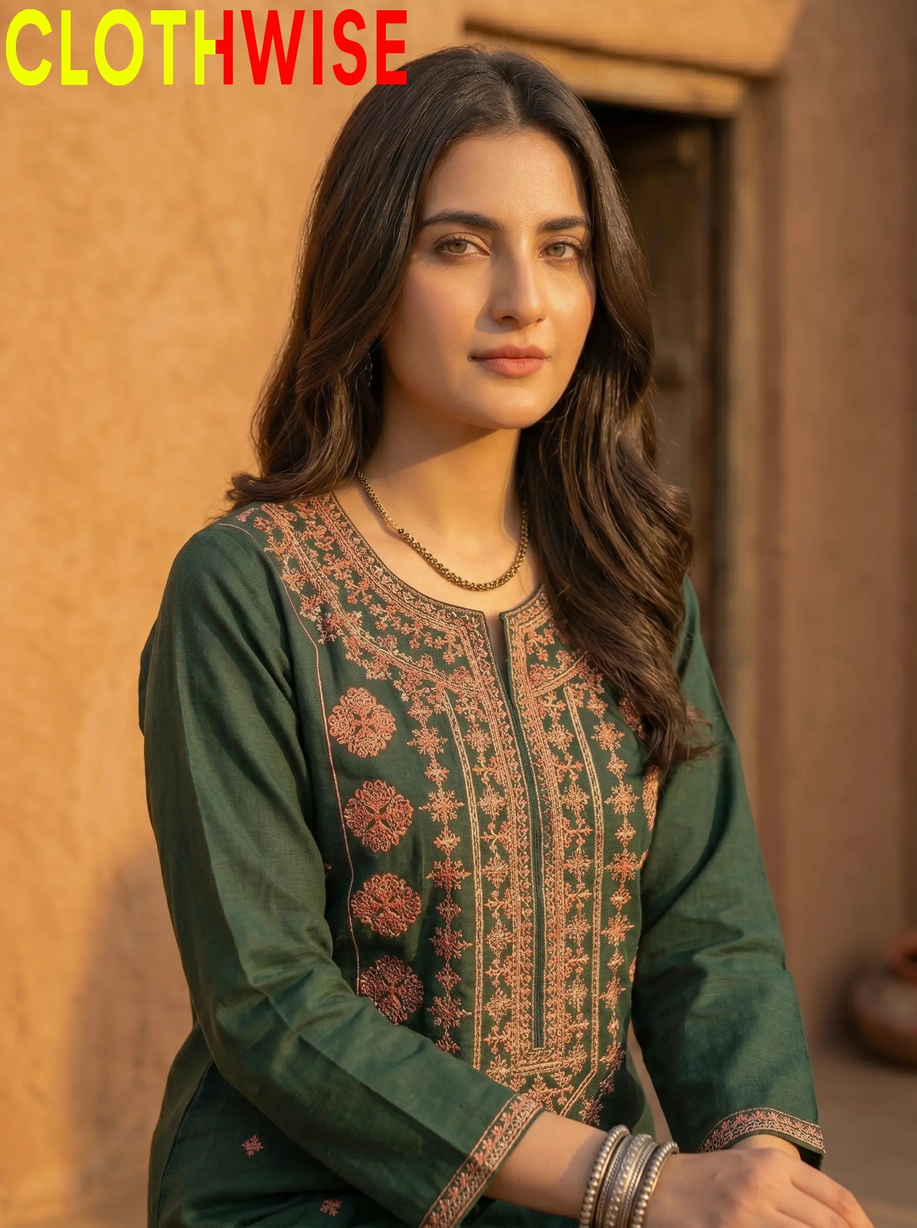 Dasht Green Embroidered Top with Printed Flapper Close-up Detail – Clothwise