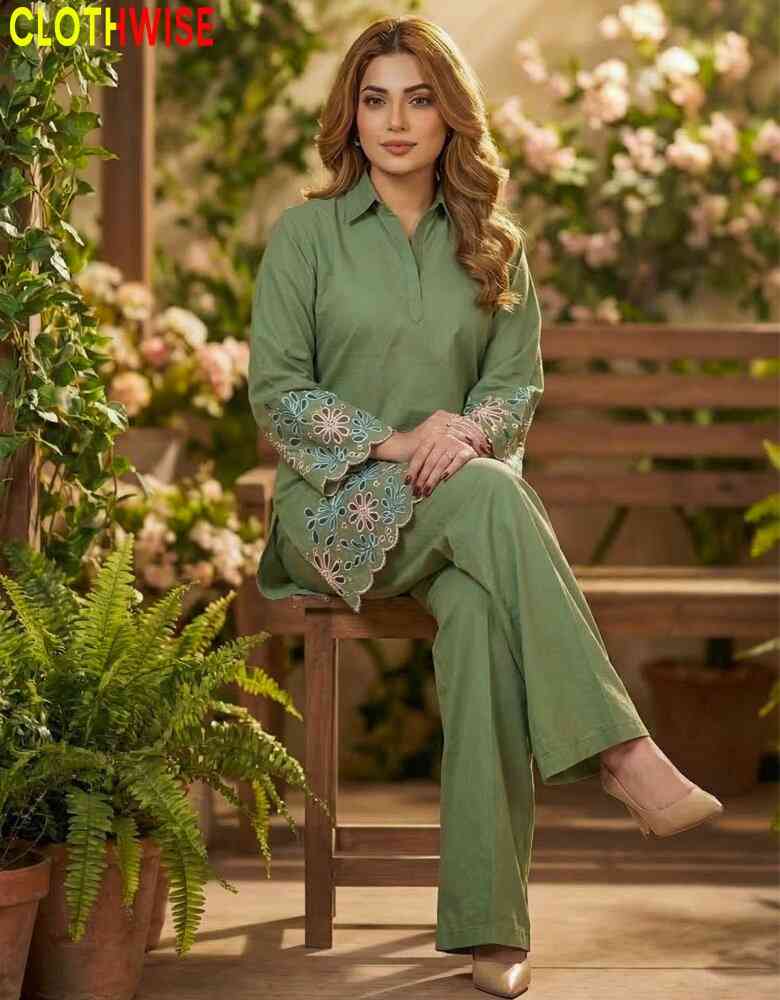 Woman in a green outfit sitting on a wooden bench with plants and flowers in the background, branded 'CLOTHWISE'.