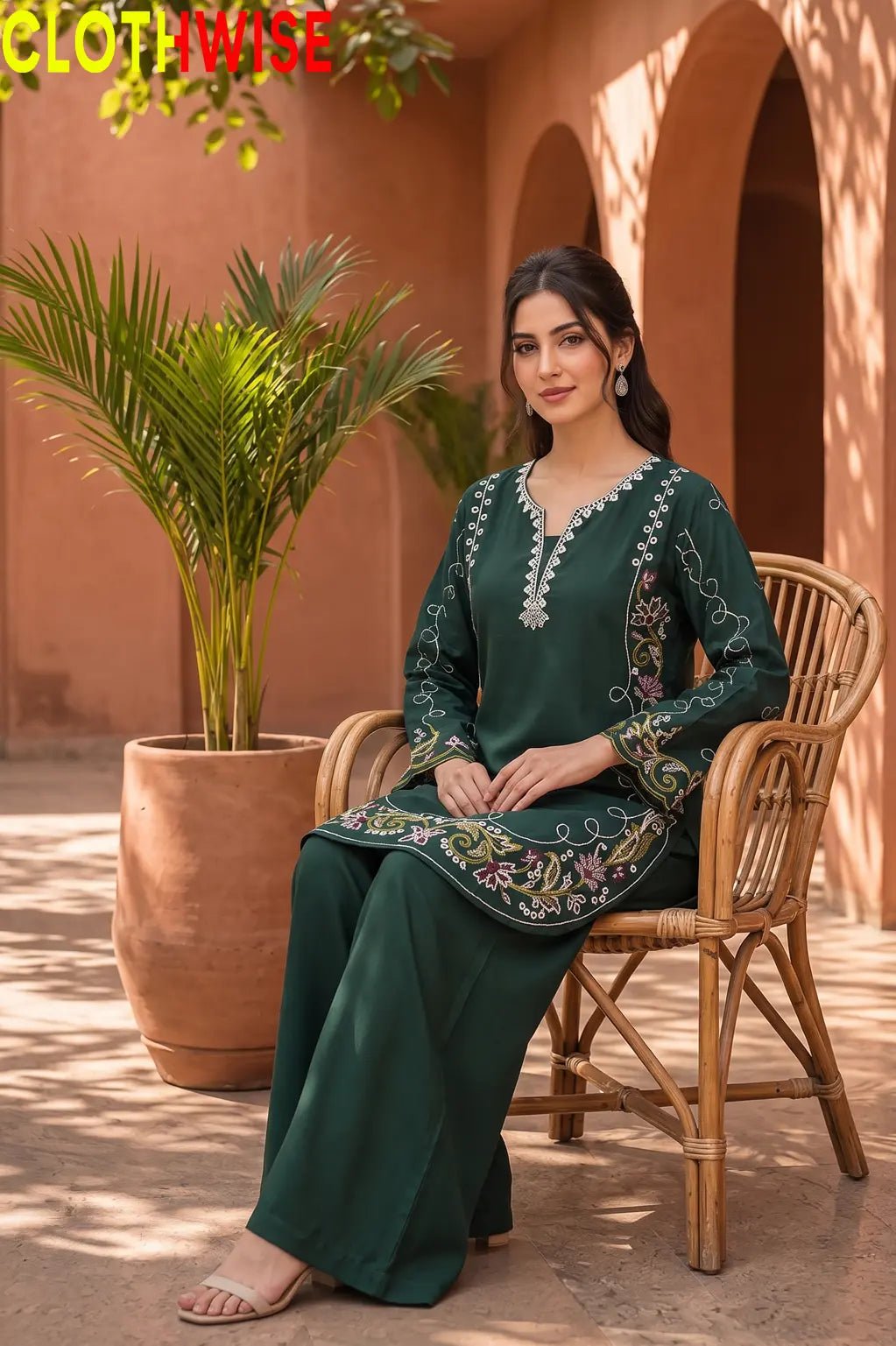 Zarnish Green 2-piece embroidered suit - sitting view