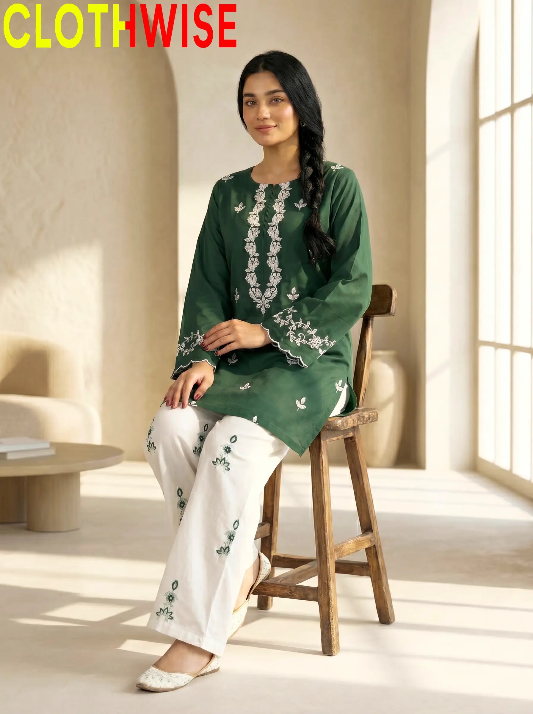 Riwaayat Embroidered Cotton Co-ord Set – Green | Stitched 2-Piece Suit for Women - Pakistani Women Pret | CLOTHWISE
