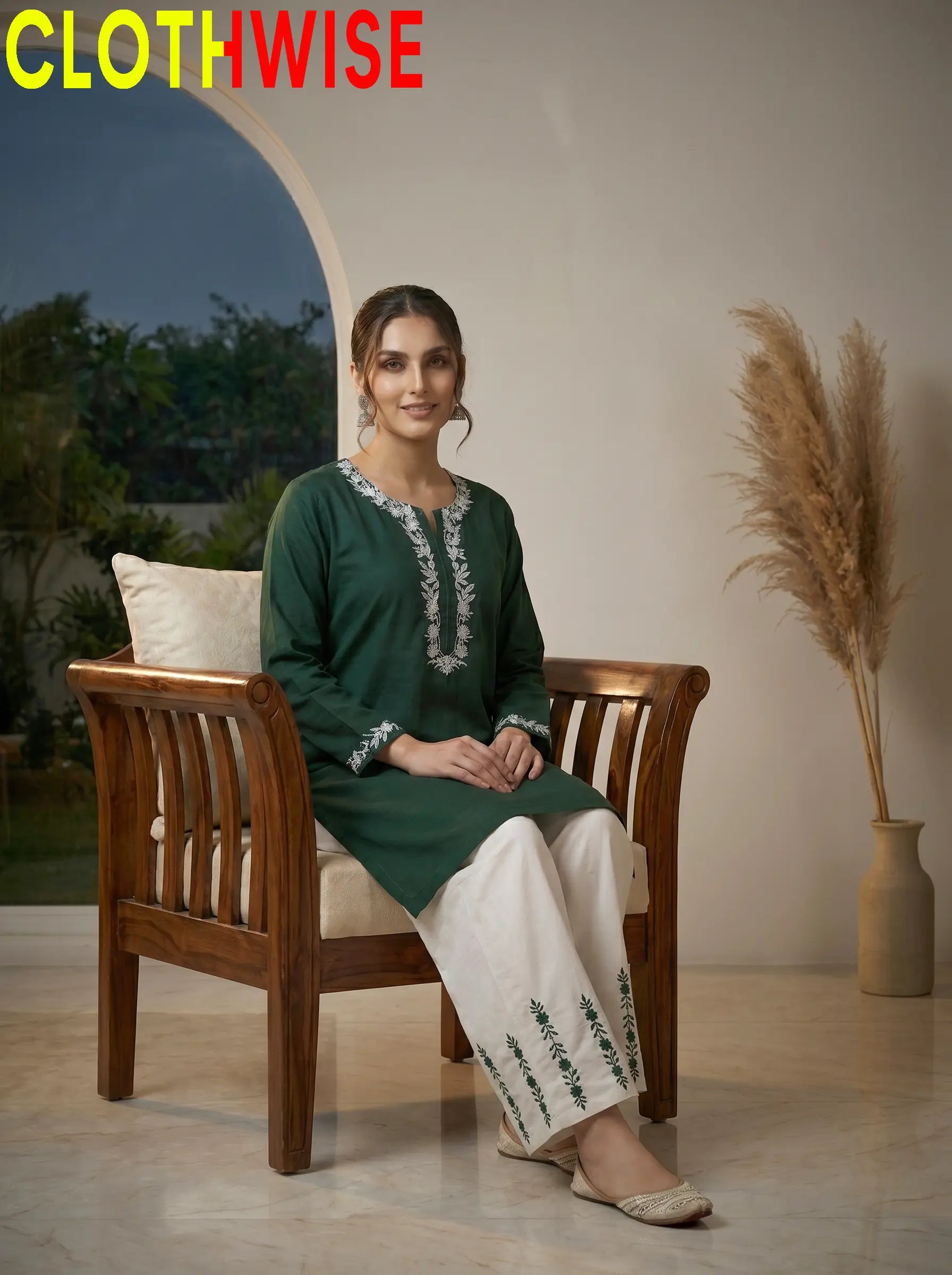 Naqsh Green Embroidered Cotton Co-ord Set Sitting View – Clothwise