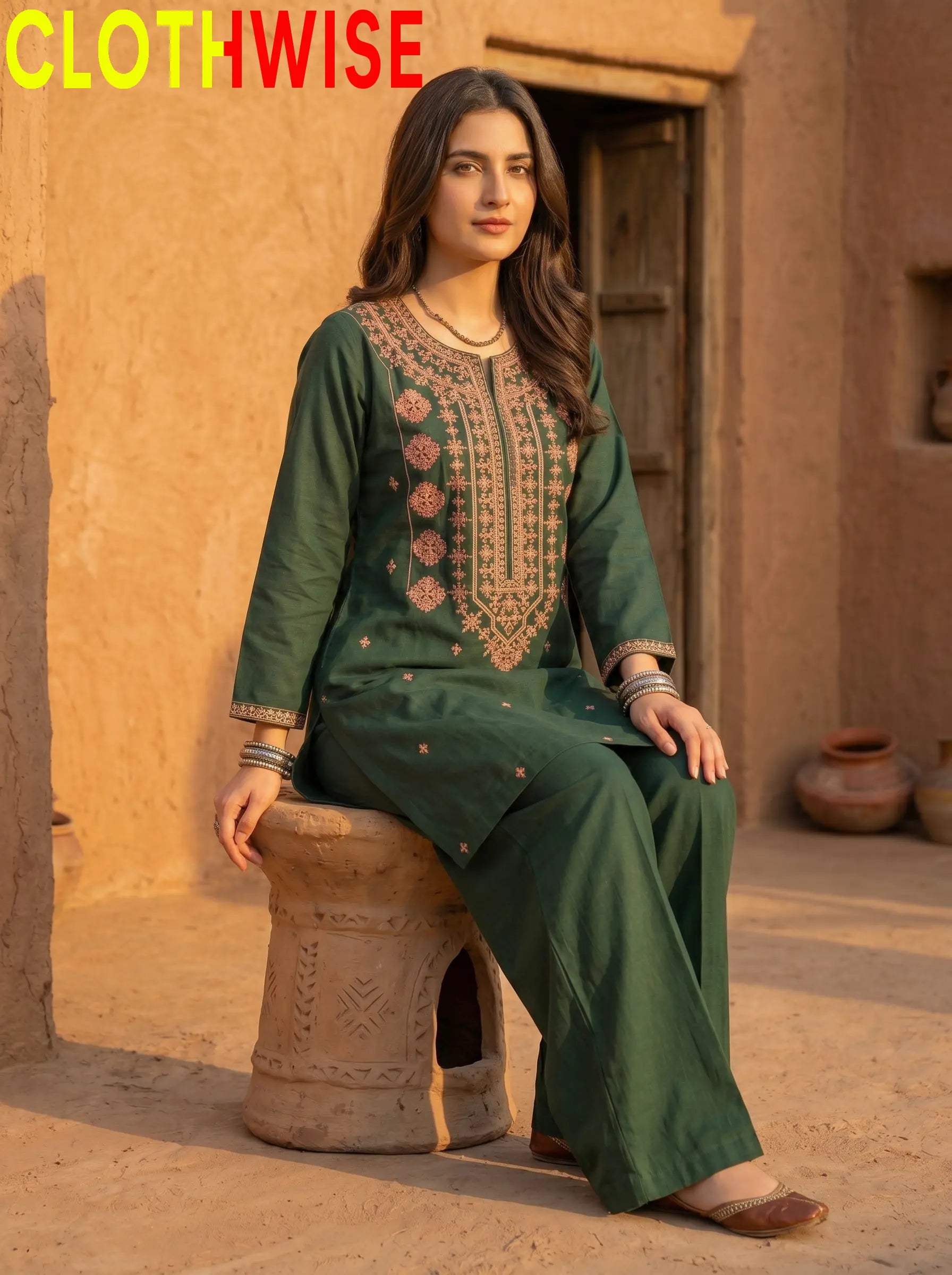 Dasht Green 2-Piece Embroidered Cotton Suit Sitting View – Clothwise