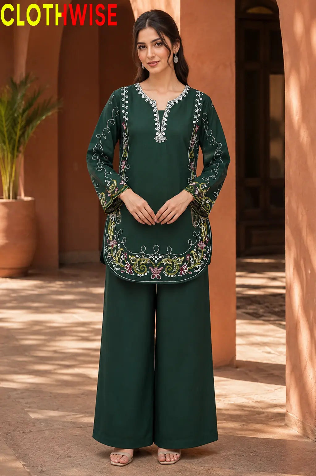 Zarnish Green 2-piece embroidered suit - front standing view