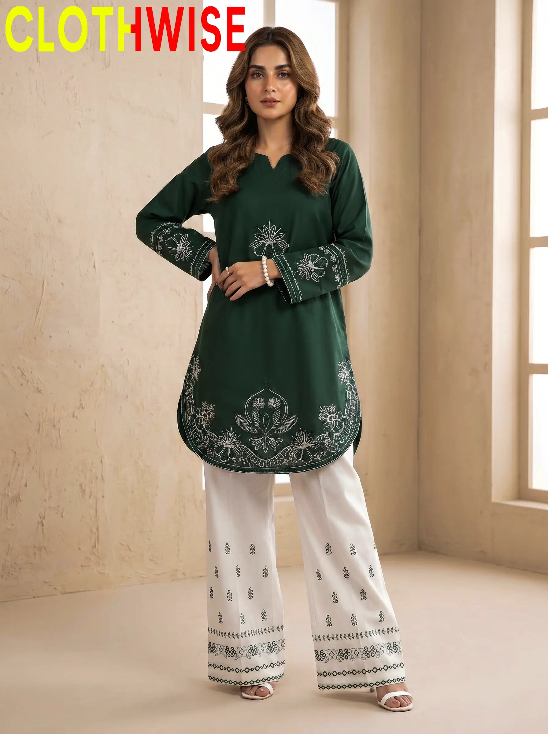 Petal Green Cotton Stitched 2-Piece Suit Standing View – Bottom Flapper | Clothwise