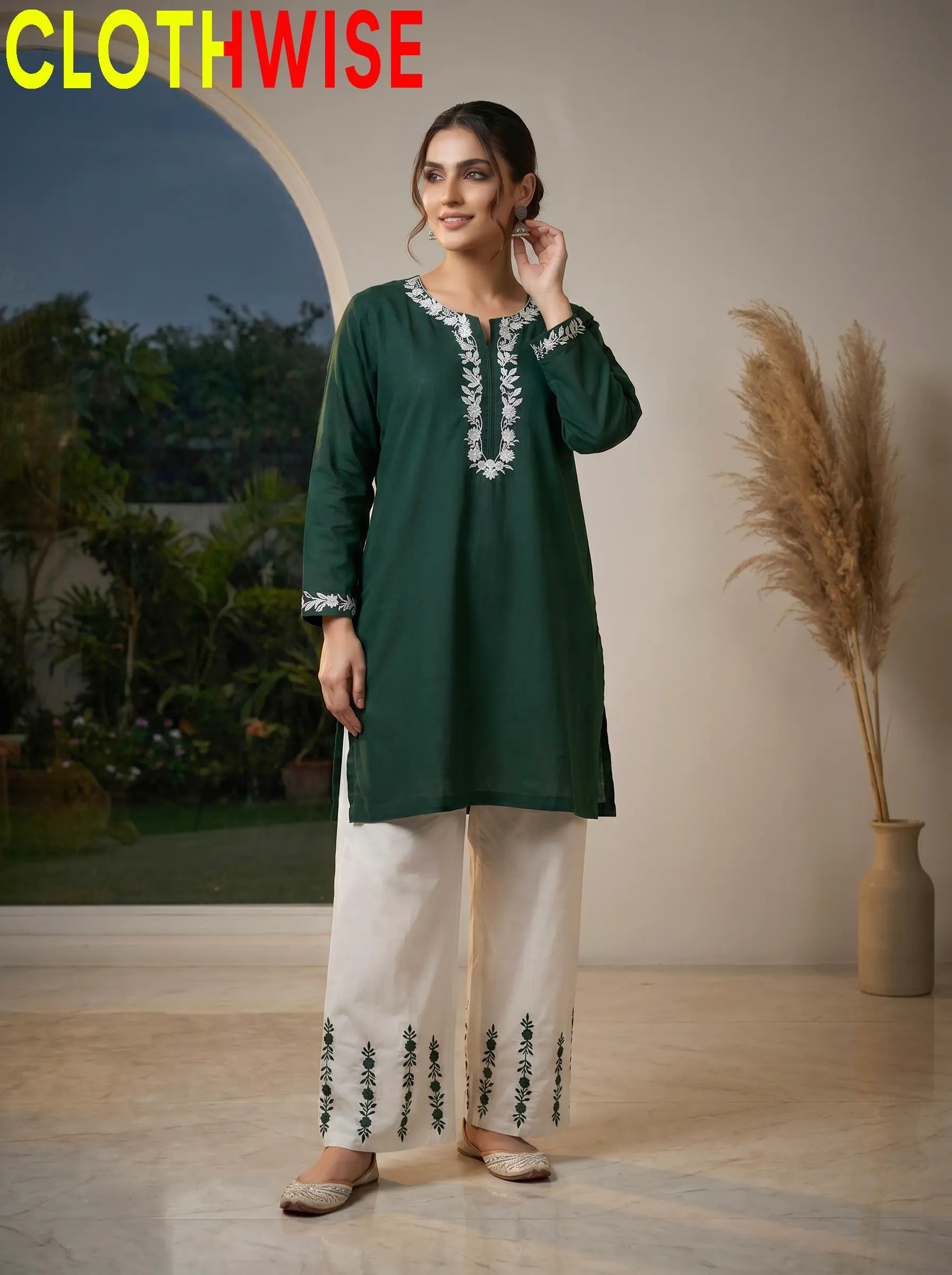 Naqsh Green Embroidered Cotton Co-ord Set Standing View – Clothwise