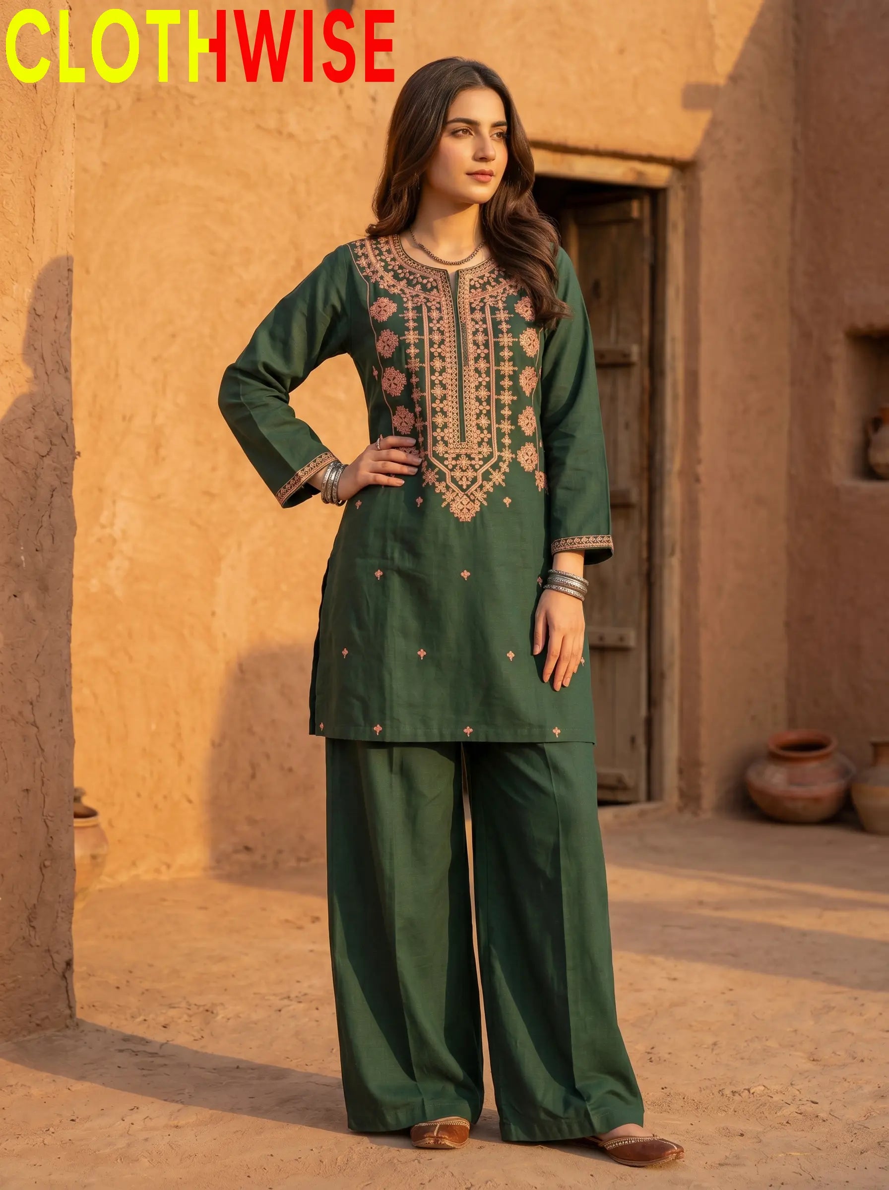 Dasht Green 2-Piece Embroidered Cotton Suit Standing View – Clothwise