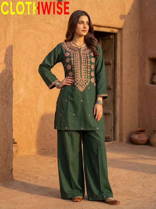 Dasht Green 2-Piece Embroidered Cotton Suit Standing View – Clothwise