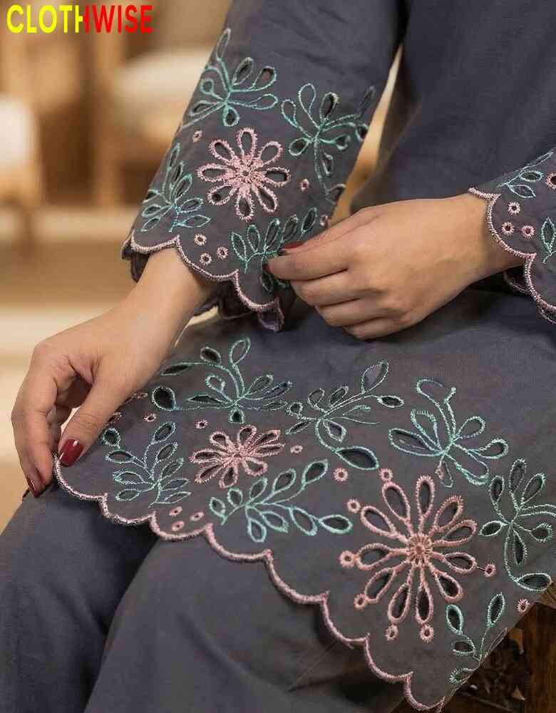 Gray fabric with floral embroidery, brand 'CLOTHWISE' visible