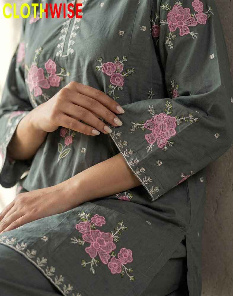Dark gray traditional outfit with pink floral embroidery, brand 'CLOTHWISE' visible.