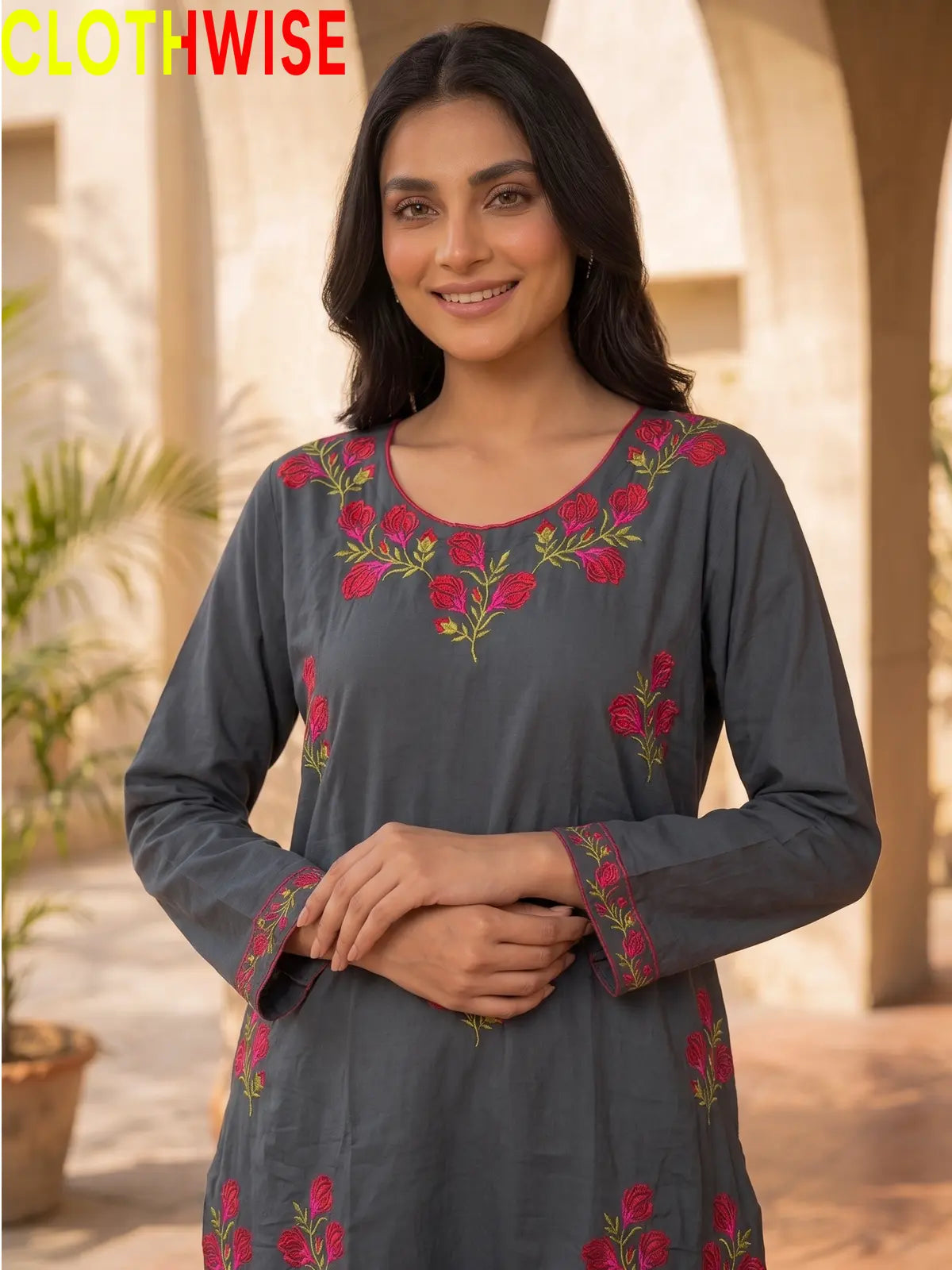 Ghulab Grey Embroidered Cotton 2 Piece Suit for Women