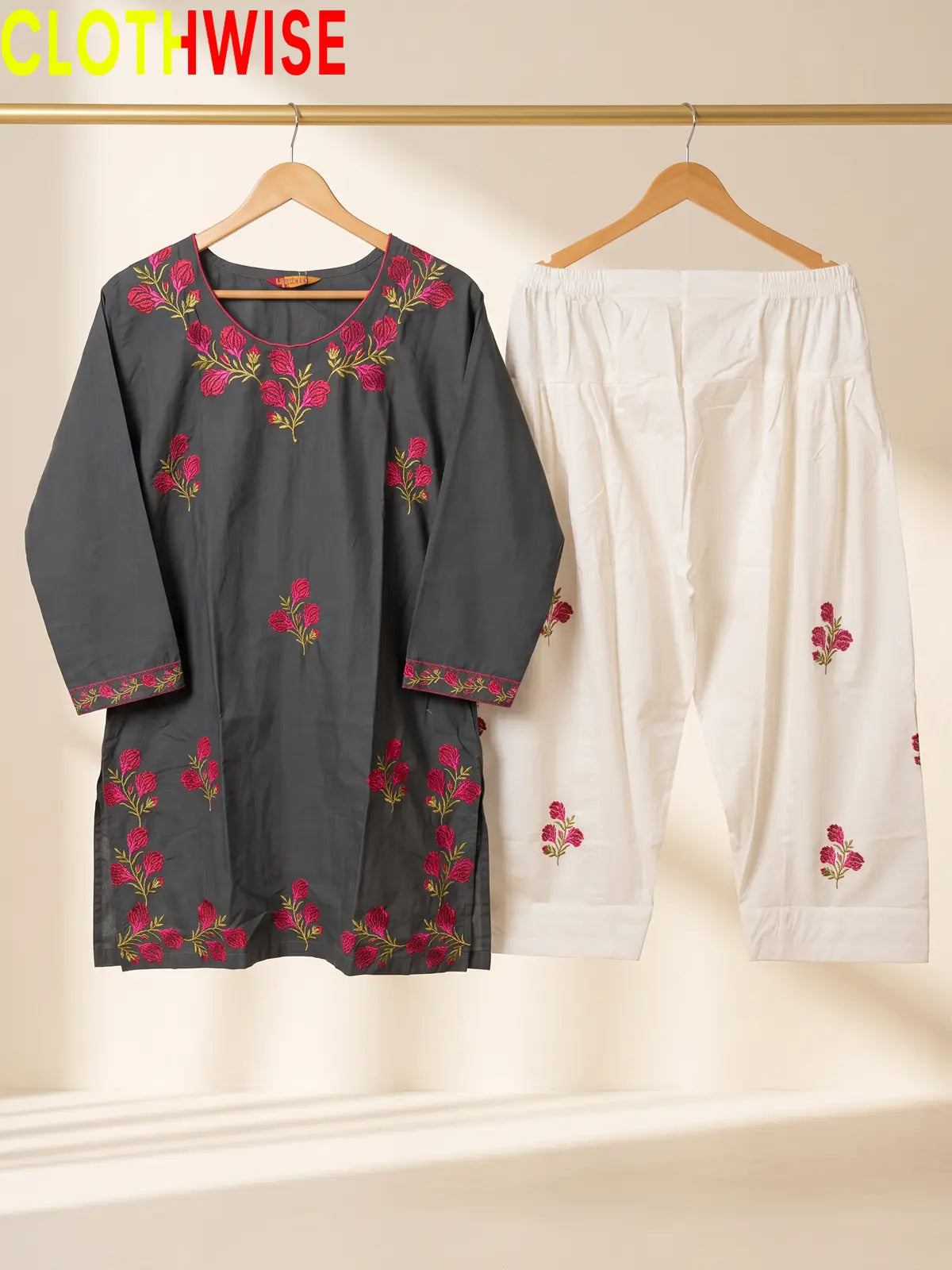 Ghulab Grey Embroidered Cotton 2 Piece Suit for Women