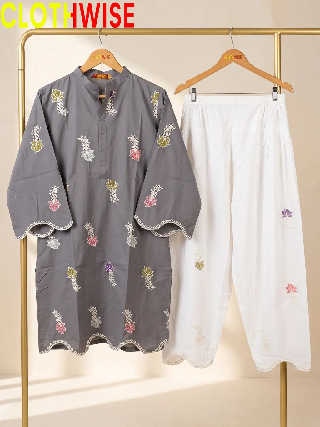 Khushi - Embroidered Cotton Kurti with Scalloped Hem & Shalwar