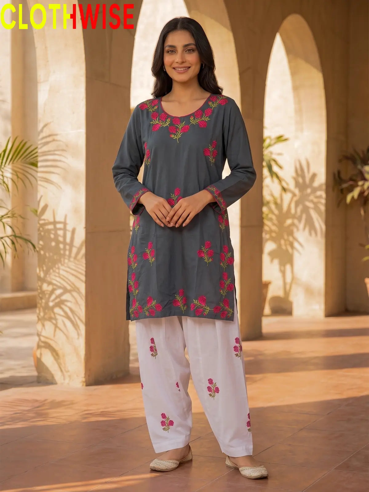 Ghulab Grey Embroidered Cotton 2 Piece Suit for Women