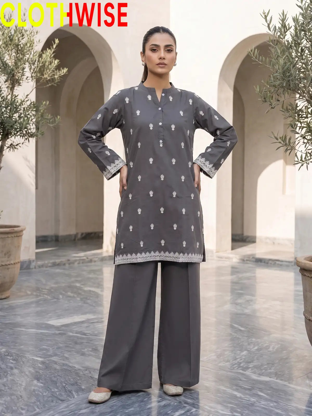 Amal Embroidered Cotton 2-Piece Suit | Booti Kurta with Flapper