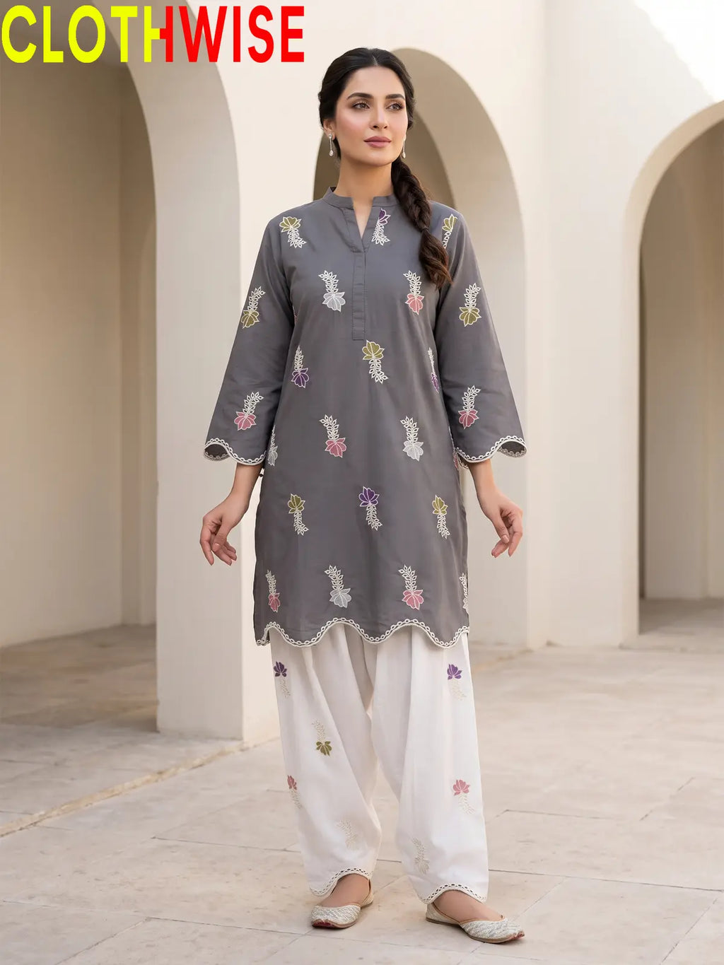 Khushi - Embroidered Cotton Kurti with Scalloped Hem & Shalwar