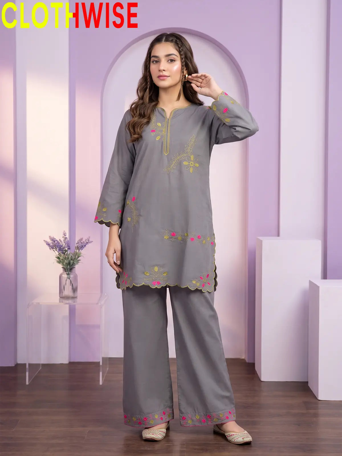 Amber Embroidered Cotton Co-Ord Set | Stitched 2 Piece Suit – CLOTHWISE