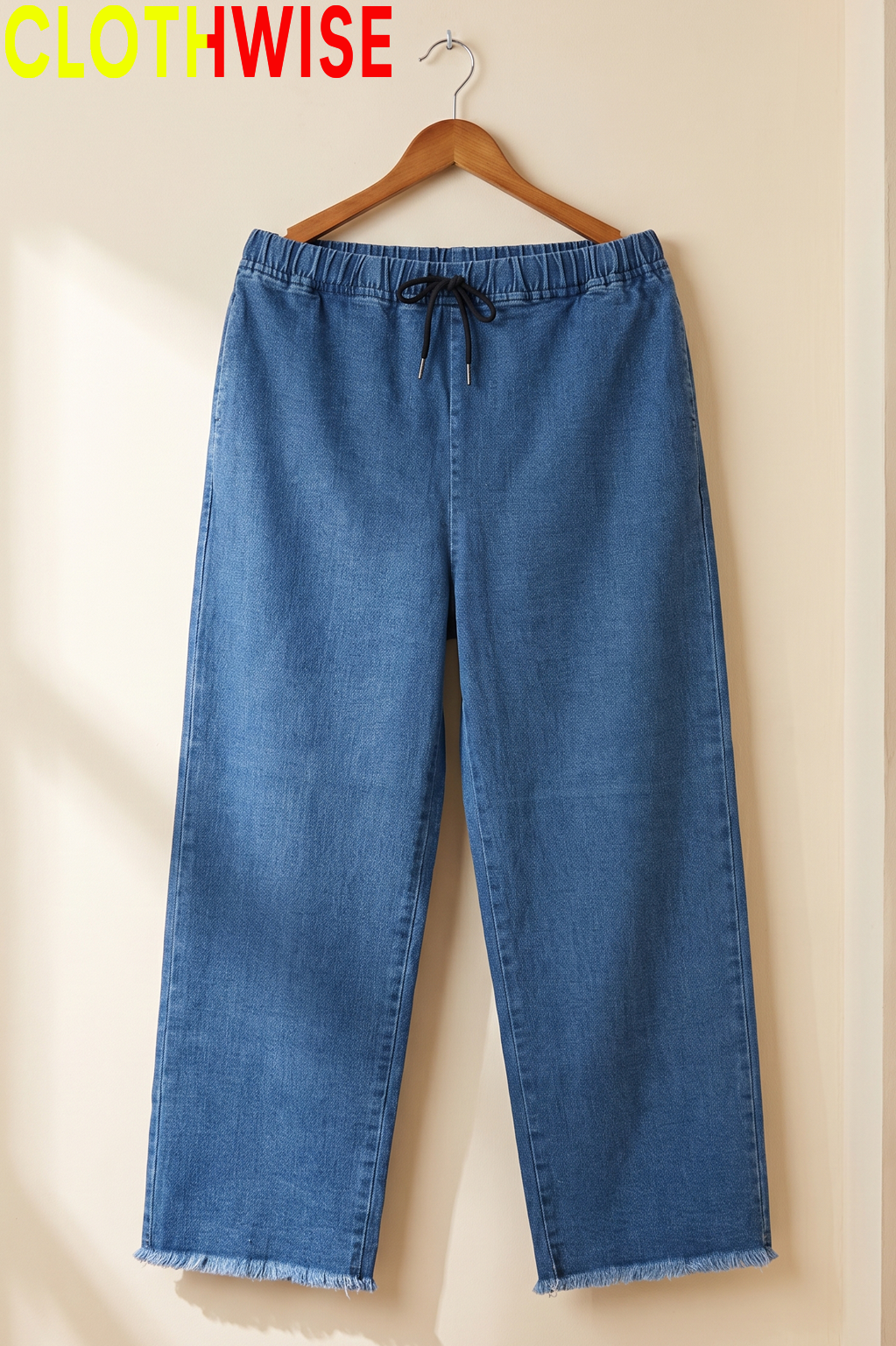 Women's Wide Leg Stretchable Denim Pants High Waisted Drawstring Raw Hem Jeans