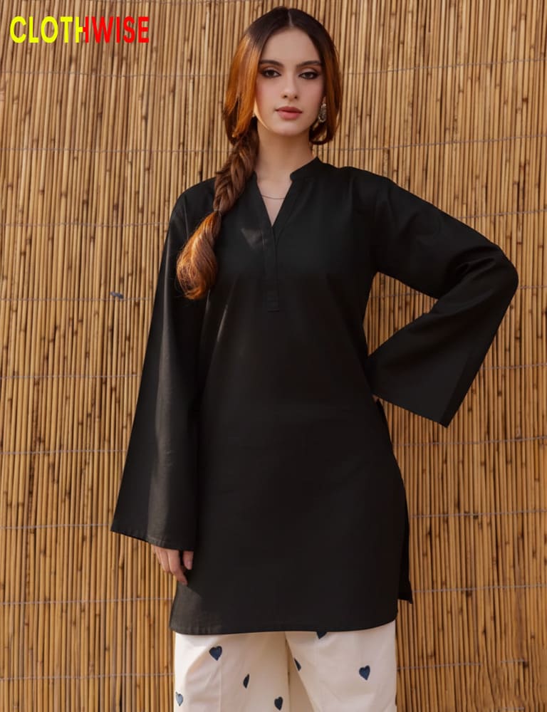 Woman wearing a black top with bell sleeves against a wooden background, with 'Clothwise' branding.