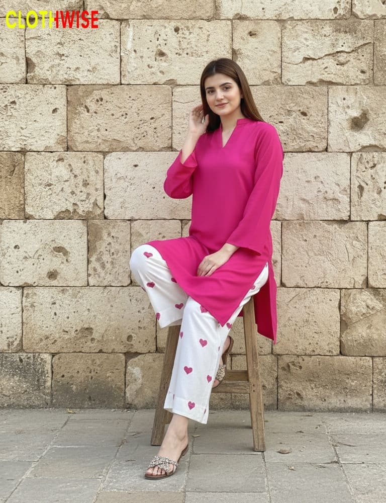 Hania Aamir Viral Pink Heart Print Cotton Co-ord Set by ClothWise