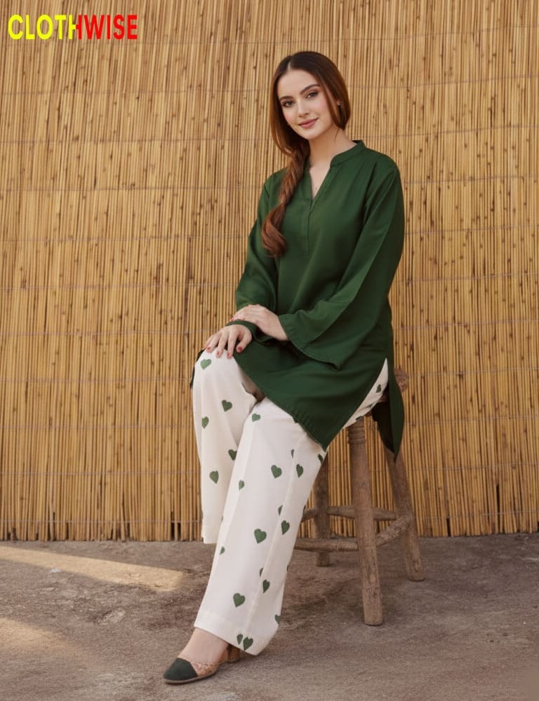 Hania Aamir Viral Green Heart Print Cotton Co-ord Set by ClothWise