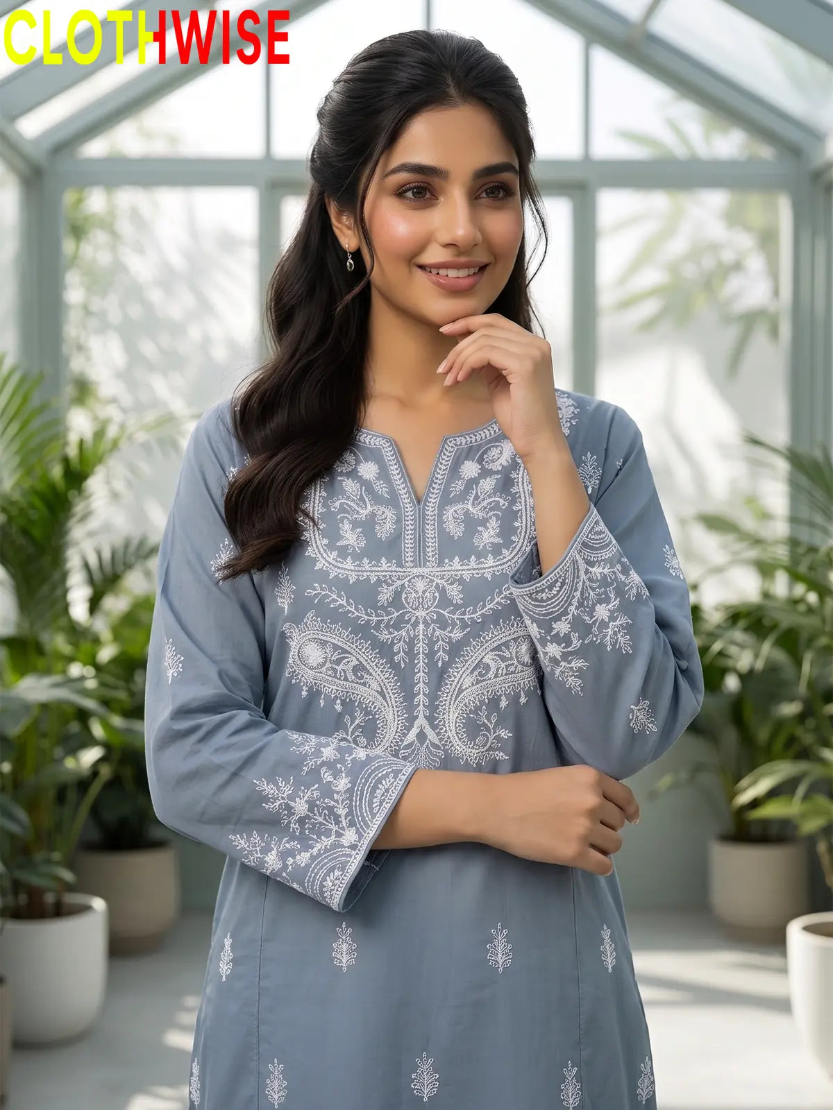 Mushq Ice Blue cotton suit embroidery closeup
