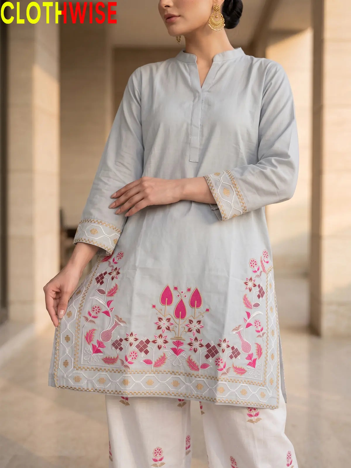Shajar Ice Blue embroidered cotton suit embroidery close-up