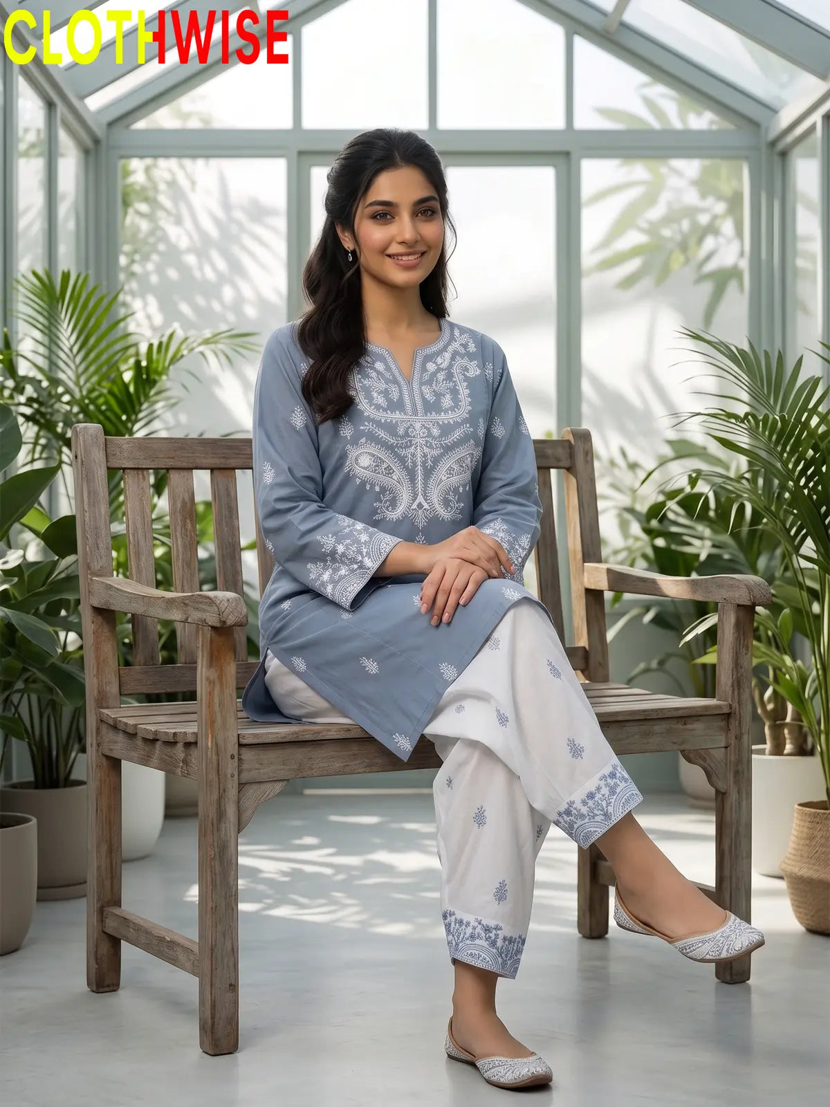 Mushq Ice Blue 2-piece cotton suit sitting pose
