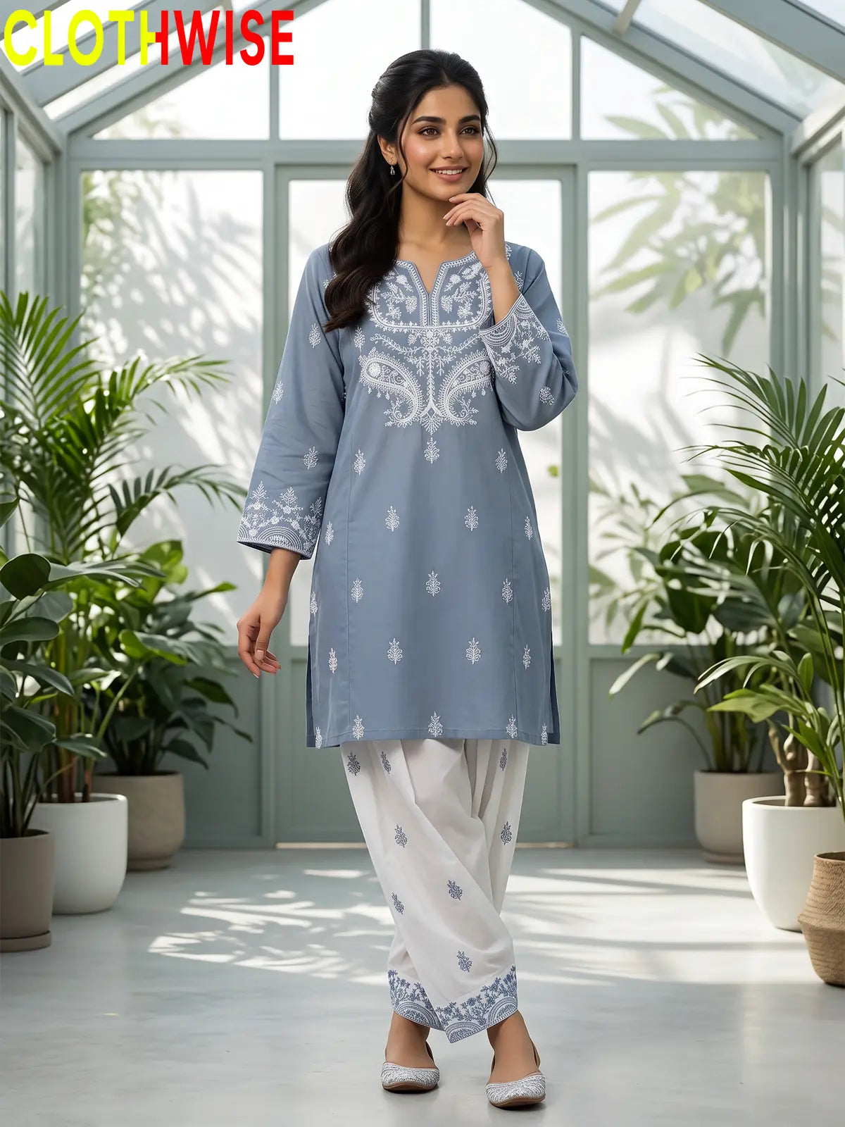 Mushq Ice Blue 2-piece cotton suit standing pose