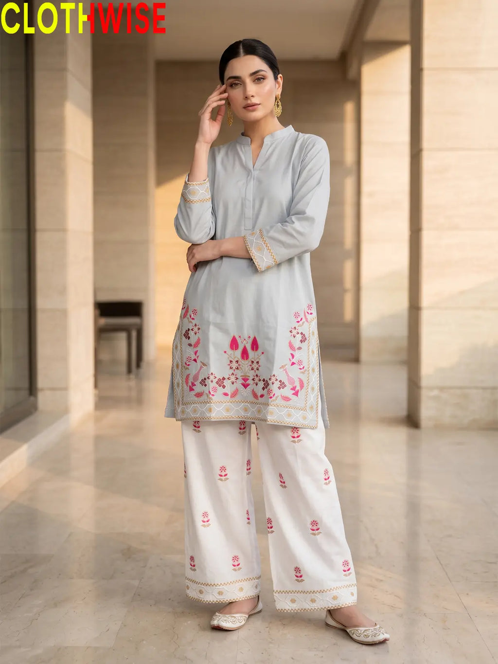 Shajar Ice Blue embroidered cotton suit front standing view