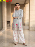 Shajar Ice Blue embroidered cotton suit front standing view