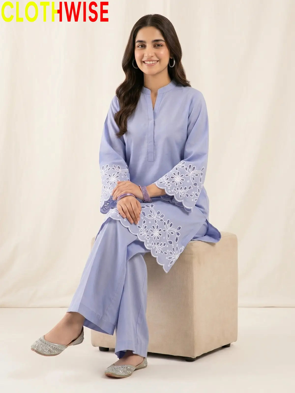 Aserin Laser Cutwork Cotton Suit | Embroidered Kurti with Wide Leg Flapper
